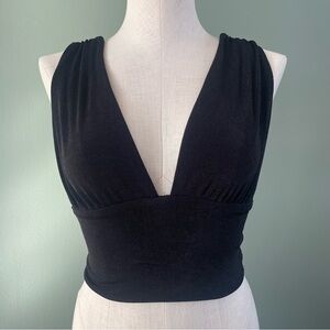 LYANER Black Deep V Neck Ruched Crop Top Small Stretch Sleeveless Open Back